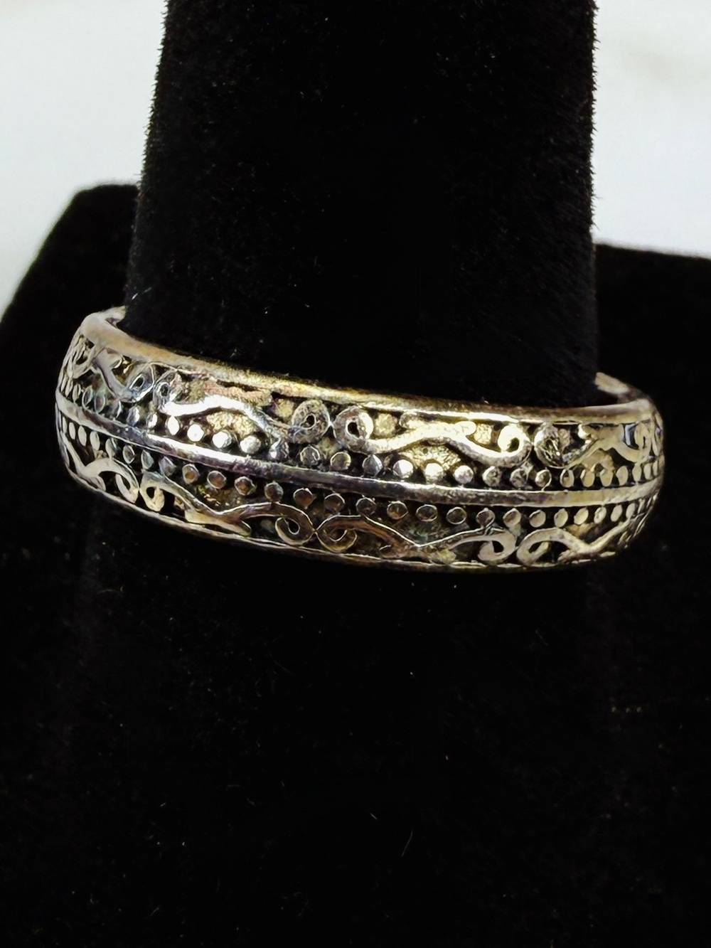 Vintage Silver Tone Filigree Wide Band Ring Scrollwork Size 8